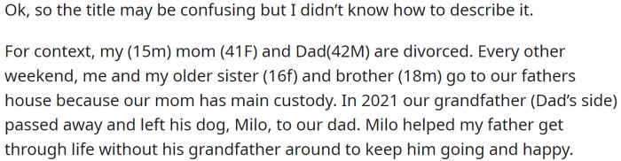 OP's parents are divorced, and every other weekend, OP (15), his older sister (16f), and brother (18m) go to their father's house.