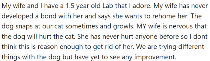 OP and his wife have a 1.5-year-old Labrador Retriever that OP loves, but his wife has never developed a bond with the dog and has expressed a desire to rehome her.