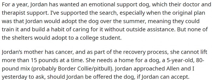 But now Jordan wants an emotional support dog.
