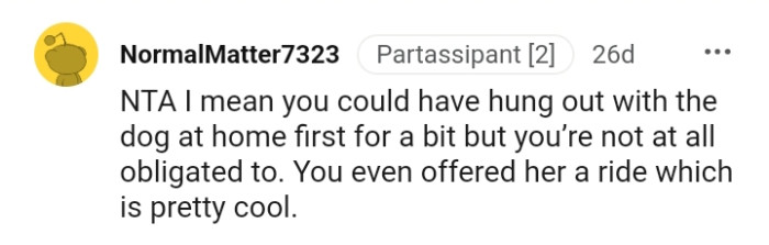 This Redditor believes it's great that the OP even offered the lady a ride