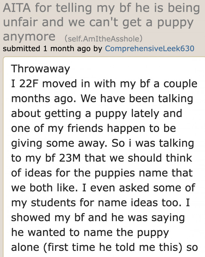 The guy wants to decide on the puppy's name without the input of his girlfriend.