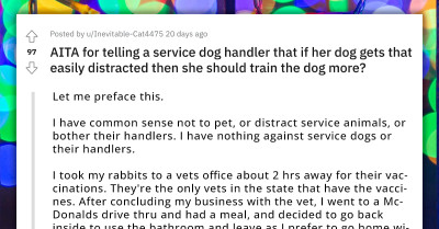 Redditor Tells A Service Dog Handler To Train Her Dog More After It Got Distracted By Two Rabbits In Their Carriers