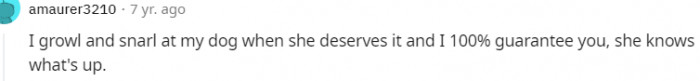 3. This Redditor does growl and snarl at the dog when she deserves it