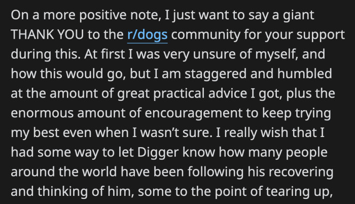 The subreddit truly rallied behind OP and Digger! It was a difficult story to read but the support was heartwarming.