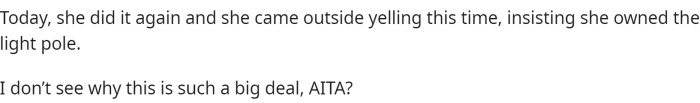 She claims that the neighbor asserts ownership of the light pole.