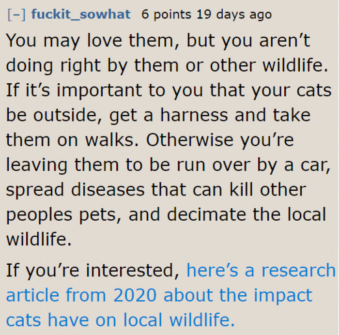 Another concerned citizen shares an article about letting cats outdoors.