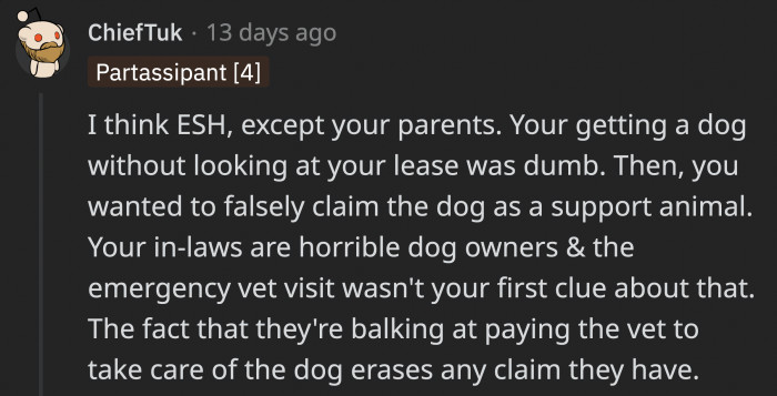 Although in one of the comments, OP defended that they were not trying to register the dog for false reasons, this one suggests that the only responsible ones are OP’s parents