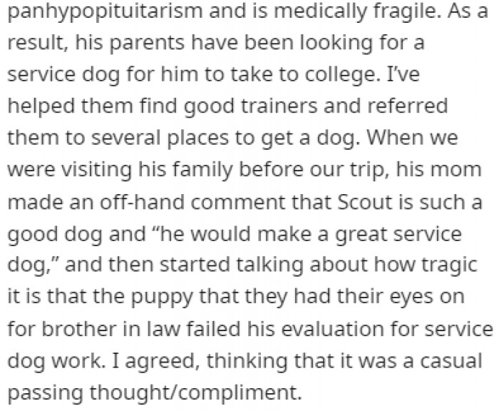 OP's brother-in-law needs a service dog before he goes off to college, and the mother-in-law saw the new pup as a great choice.