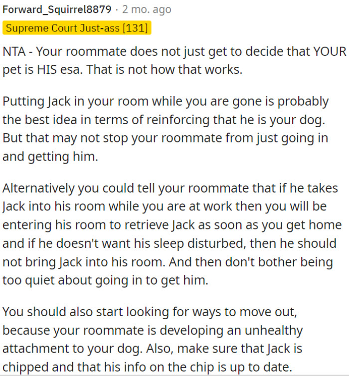 OP's roommate can't arbitrarily claim OP's pet as his ESA.