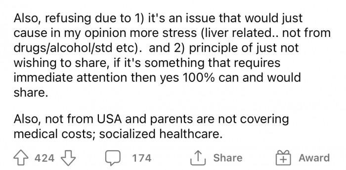 The parents are not covering the medical costs since it's socialized.