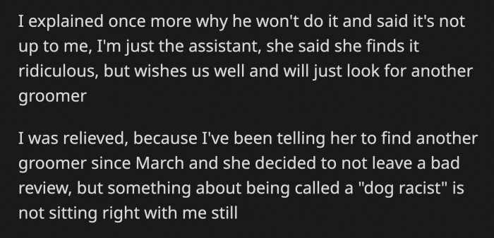 It seemed like the lady finally understood after OP explained their policy one more time.