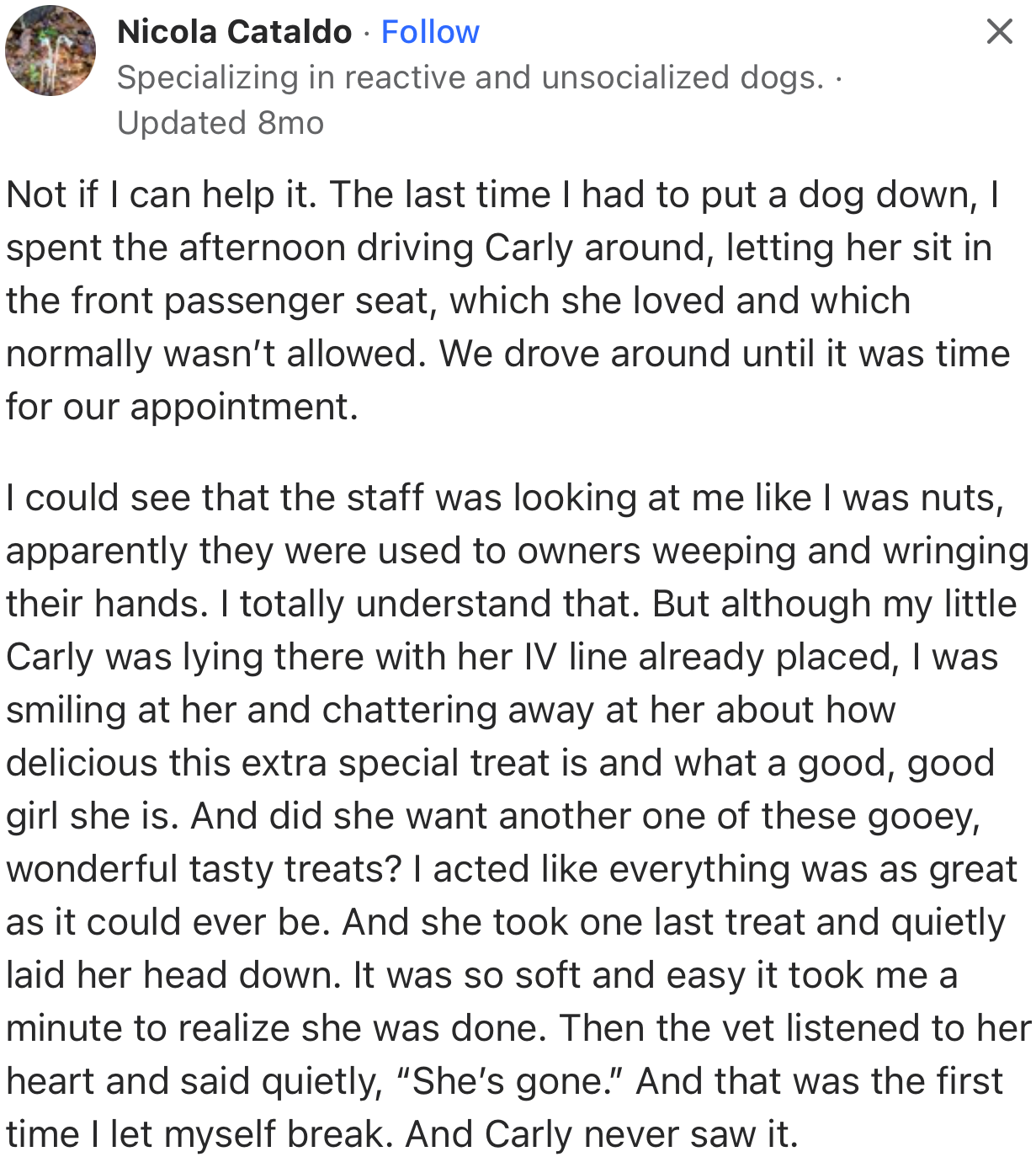 “The last time I had to put a dog down, I spent the afternoon driving Carly around, letting her sit in the front passenger seat, which she loved.”