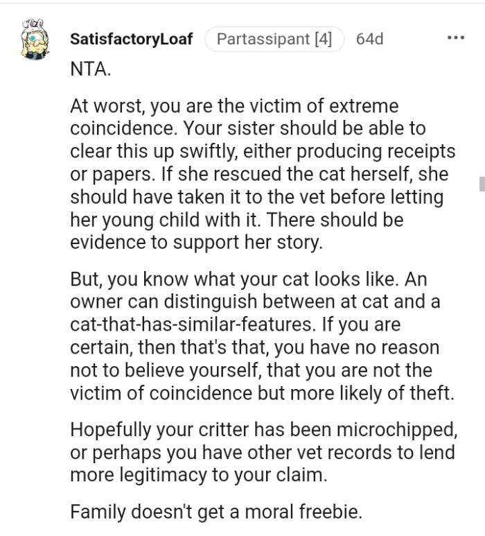 An owner can distinguish between a cat and a cat that has similar features