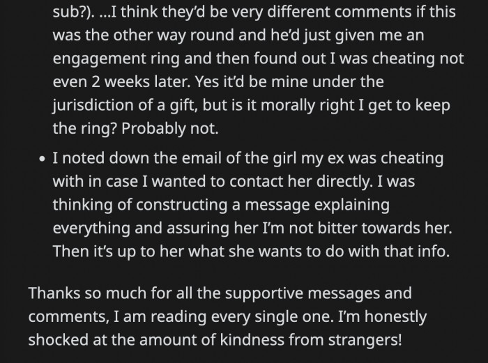 She said if the situation was reverse and she cheated on him but kept the engagement ring, people would tell the guy to get the ring back