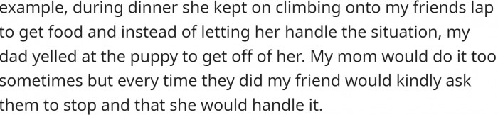Whenever the puppy did something that could be considered bad behavior, her dad would yell at the puppy instead of letting her friend handle the situation.