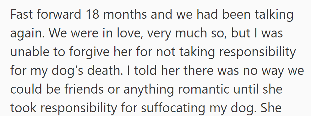 They reconnected after 18 months, but unable to forgive her for dog's death. OP insisted on them taking responsibility before continuing friendship or romance.