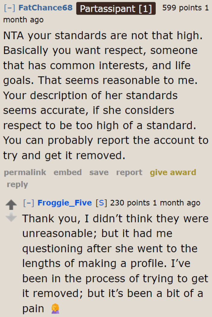 More people agree that the OP's relationship standards are reasonable.