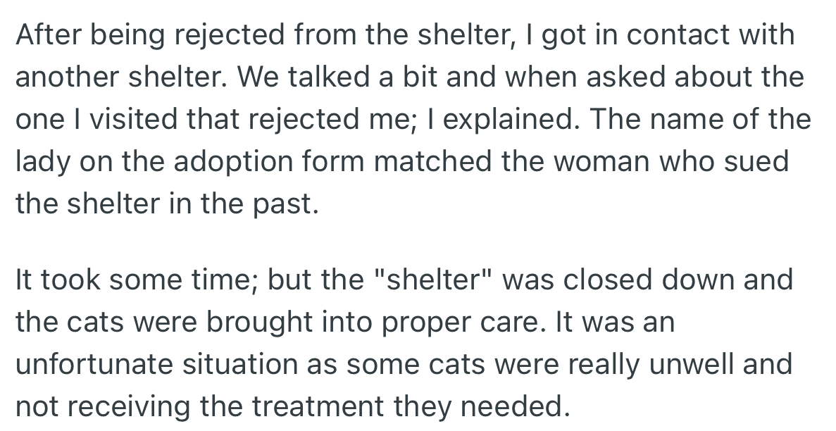 Since her application to adopt a cat was rejected, OP decided to contact another shelter and discovered that they had bad blood with the previous shelter. After proper investigations, the previous shelter was shut down.