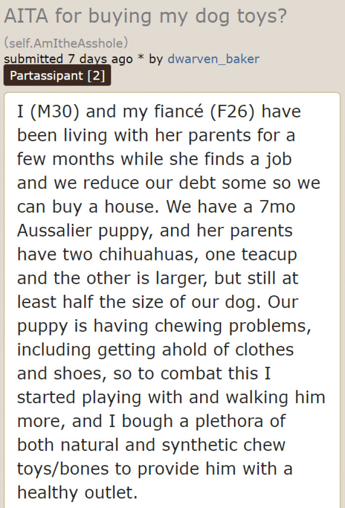 The original poster (OP) lives with his fiancé and her family.