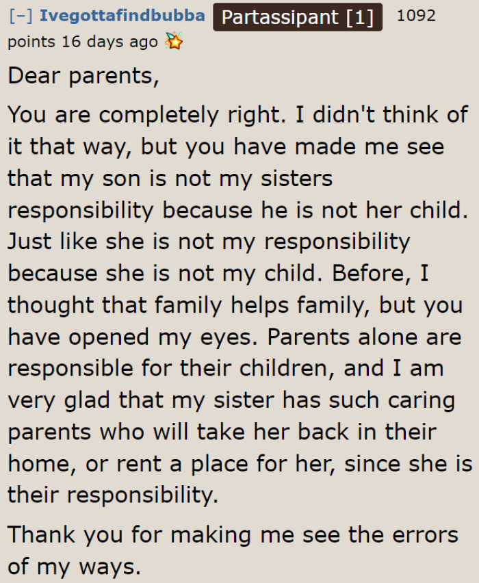How the OP should respond to her parents.
