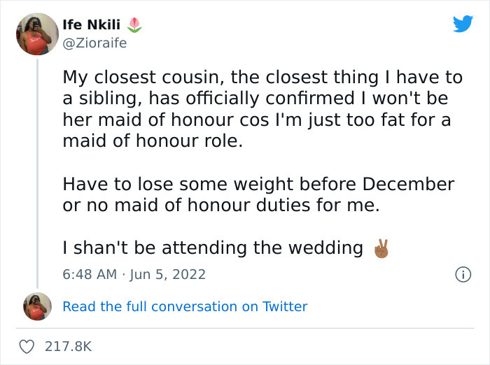 It's as if the 'bridezilla' just gave her an impossible deadline for losing weight just so she could be an important part of their wedding day.