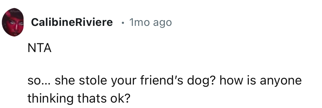 “She stole your friend’s dog? how is anyone thinking thats ok?”