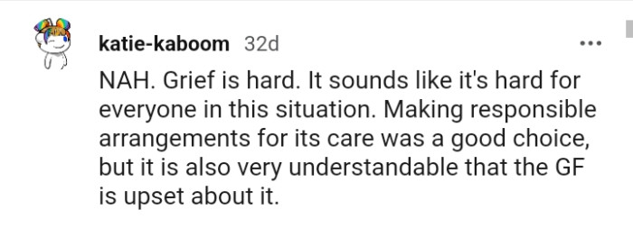 Making responsible arrangements for its care was a good choice