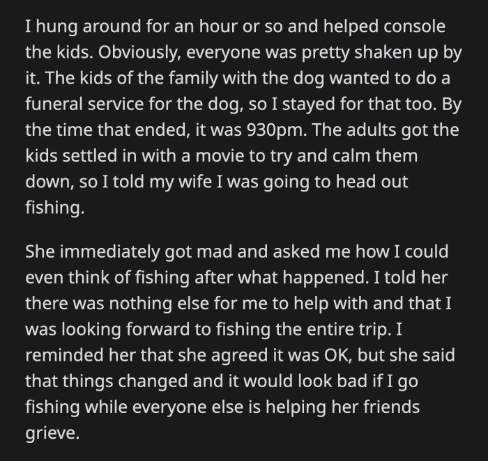 He consoled the kids who were shaken by what happened. He stayed for the impromptu funeral service that the owner's kids threw. Around 9:30 p.m., the kids settled in to watch a movie. OP decided to continue with his plans.