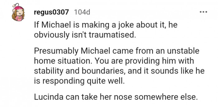 Lucinda can take her nose somewhere else