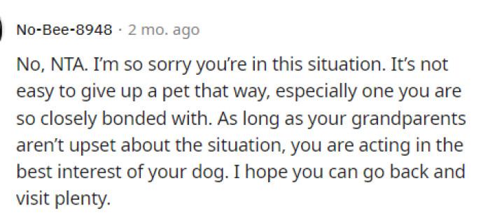 It's definitely a sad situation, but we know that OP did the right thing by giving her dog to her grandparents.