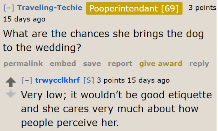 People are worried about the mom bringing the dog to the wedding venue.