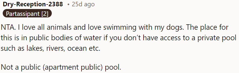 It's not appropriate to swim with dogs in public pools.