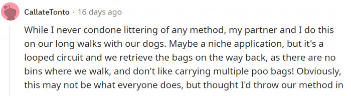 This dog parent admits doing it during walks, but they pick up and dispose properly on their way back