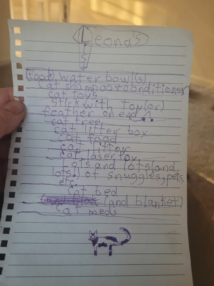 18. "Adopting a cat this weekend. My 9yo made a list of what we needed"