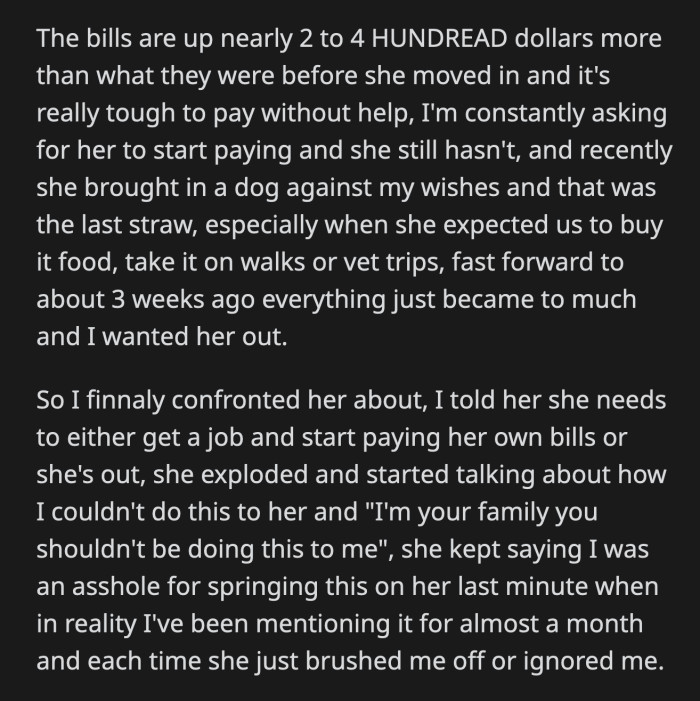 The final straw was when she adopted a dog without consulting the homeowners. She even expects OP or his girlfriend to pay for the dog's vet bills and living expenses. OP finally told his sister to start contributing or he would kick her out.