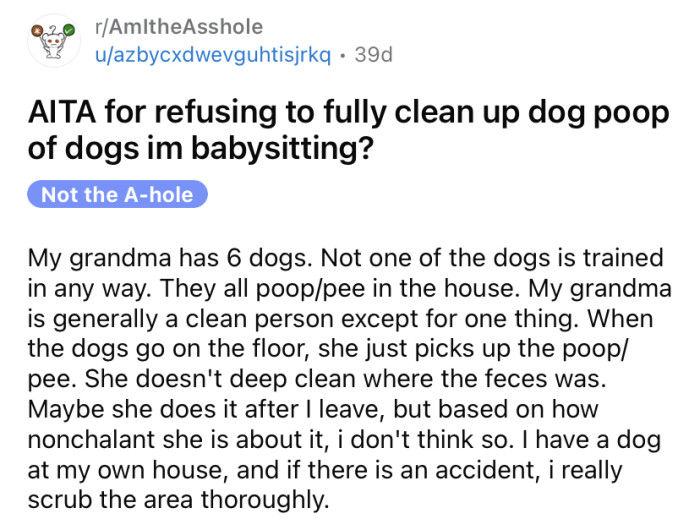 The OP asked if she's an a**hole for not fully cleaning up her grandmas' six dogs' poop.
