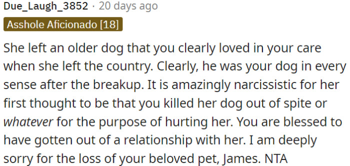 OP's ex's assumption that he harmed the dog out of spite is narcissistic