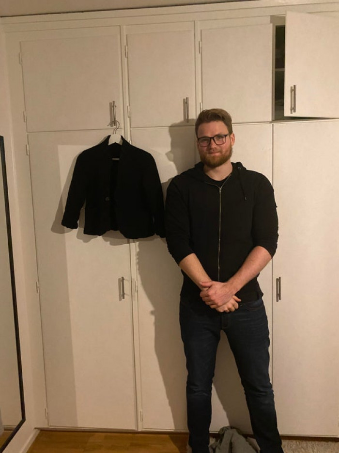 32. I’ve accidentally shrunk my husbands jacket. Husband for scale