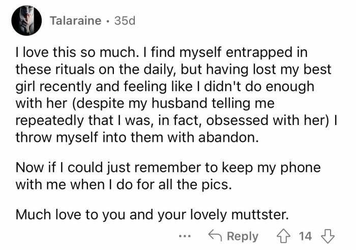 "I find myself entrapped by these rituals." Same.