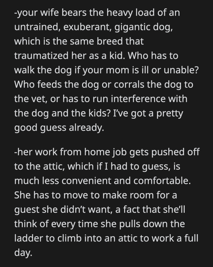 His wife, who has been traumatized by dogs, will ultimately have to take care of his mother's unruly dog