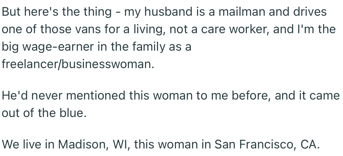 OP was worried because her husband never mentioned this woman for once. So where did she just pop up from?