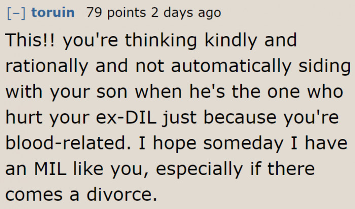 The ex-daughter-in-law is so lucky she has such a kind ex-mother-in-law.