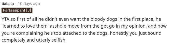 It seems like everyone is on the same page with this one and says that she's TA because her husband didn't want the dogs. Therefore, they are her responsibility.