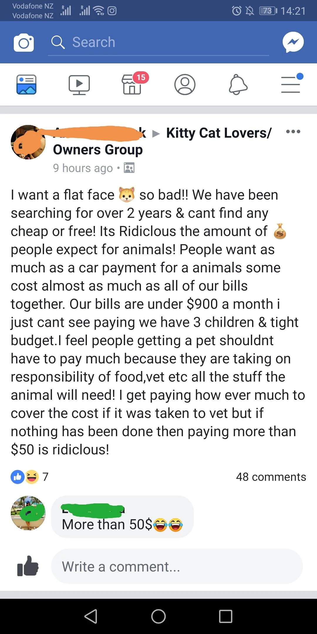 The original poster (OP) shared a screenshot of a CB's post. She's only willing to pay $50 for an expensive cat.