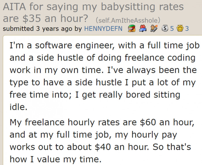 The OP explains her work and how much she gets paid.