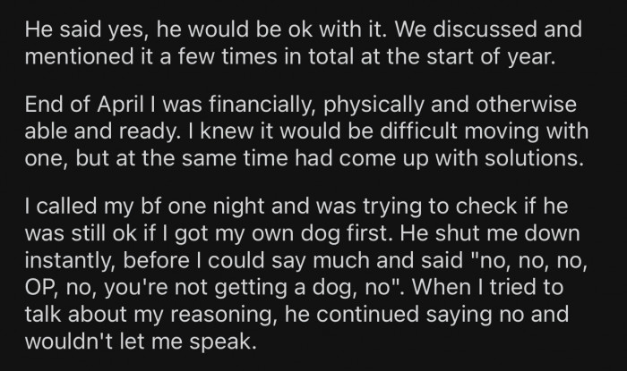The boyfriend had previously agreed to getting a dog.