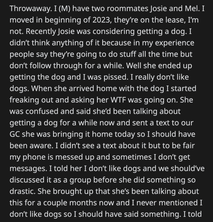 Josie said the dog wasn't going anywhere, but OP can leave if he wants since he is not on the lease.