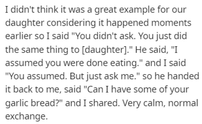 OP thought that this was setting a bad example for their daughter so she called him out on it