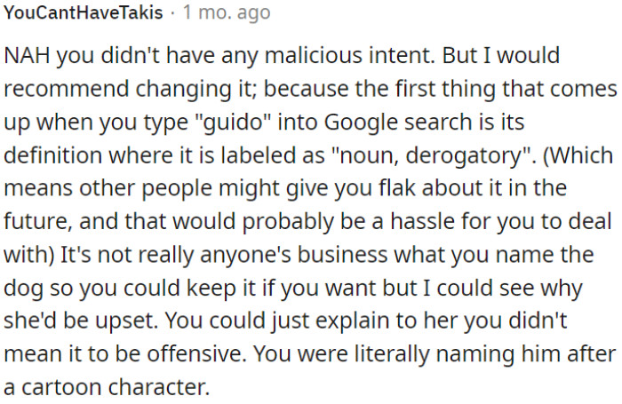 OP's dog's name isn't her concern