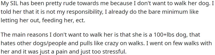 This enrages OP's SIL, who claims OP should walk both dogs together or one after the other. OP can't handle both dogs at the same time and doesn't have the time or desire to do two walks.
